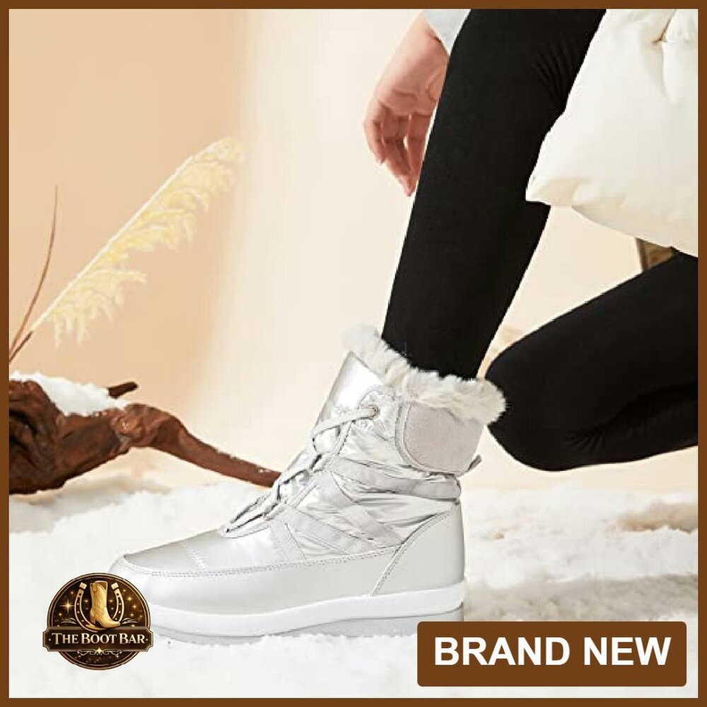 Warm Fur Lined Mid-Calf Waterproof Snow Boots Non-Slip Lace Up - Picture 3 of 8